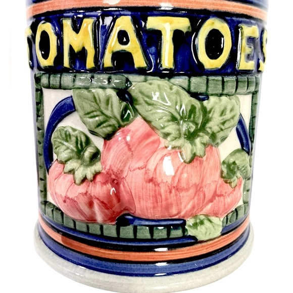 Vintage Canister Tomato Farmhouse Multipurpose Jar Ceramic Blue 3 Cup 5.25” Tall - Picture 7 of 16